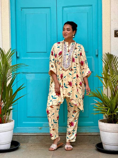 Cream Floral Kaftan Tunic & Pant Set