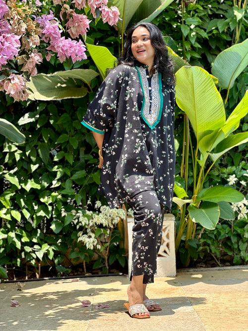 Black Floral Kaftan Tunic & Pant Set