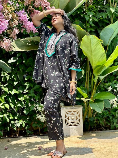 Black Floral Kaftan Tunic & Pant Set