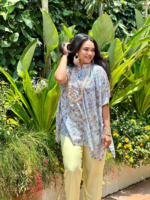 Blue Floral Kaftan Tunic & Pant Set