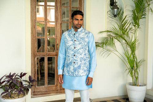 Denim Printed Bundi Jacket Kurta Set