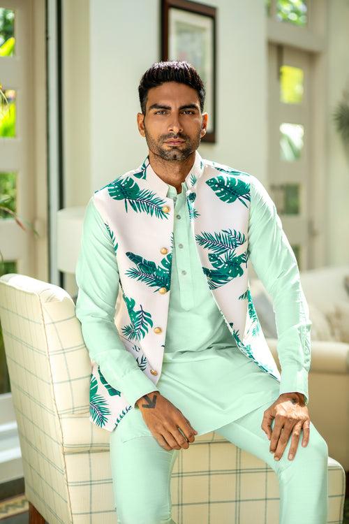 Tropical Print Bundi Jacket Kurta Set