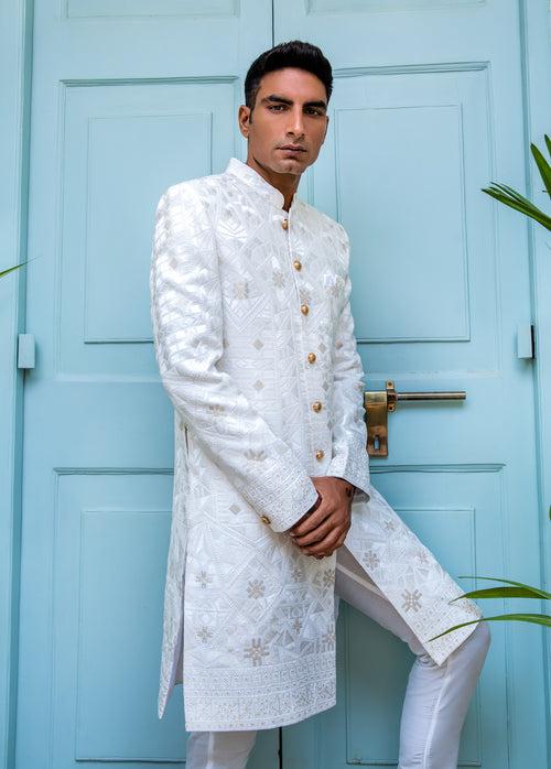 White Lucknowi Embroidered Sherwani Set