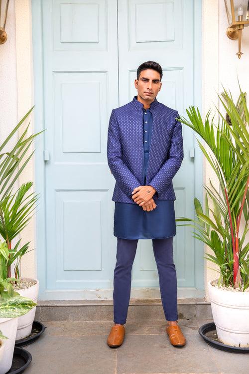 Navy Sequin Open Jacket Kurta Set