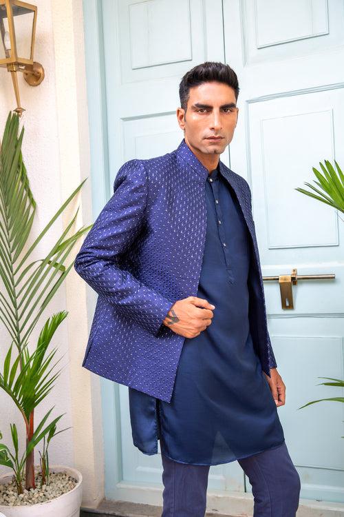 Navy Sequin Open Jacket Kurta Set