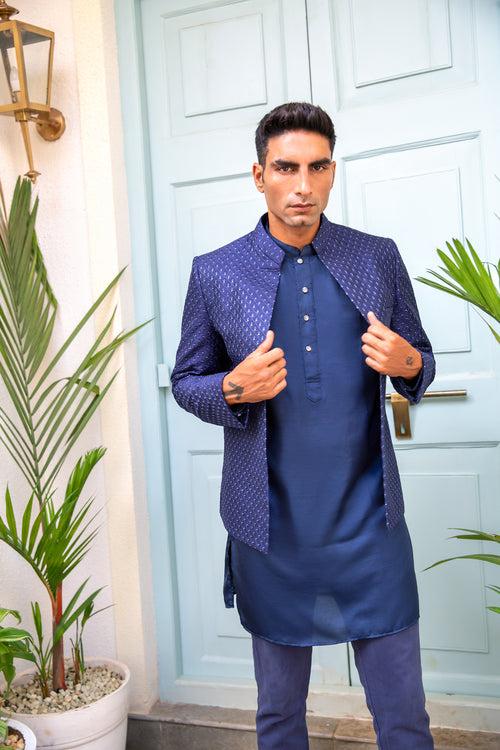 Navy Sequin Open Jacket Kurta Set