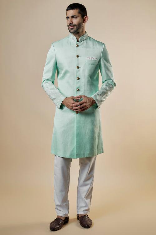 Mint Green Linen Satin Embroidered Sherwani Set