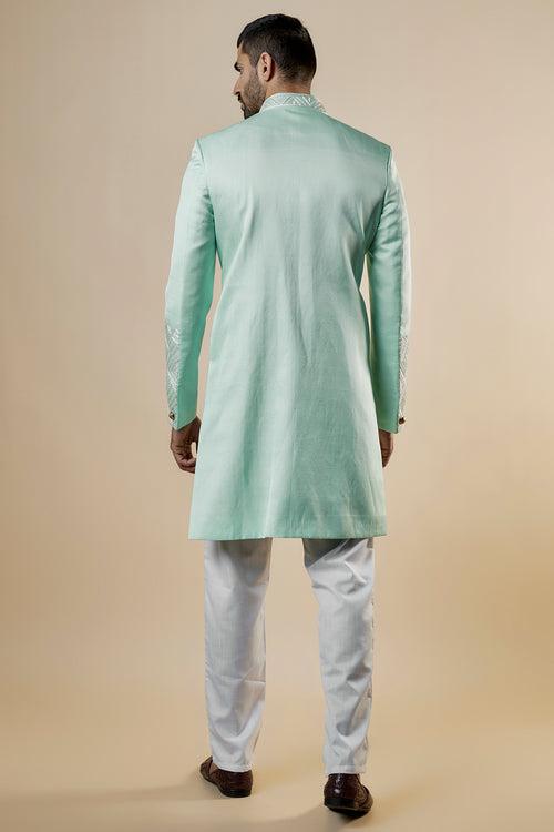 Mint Green Linen Satin Embroidered Sherwani Set