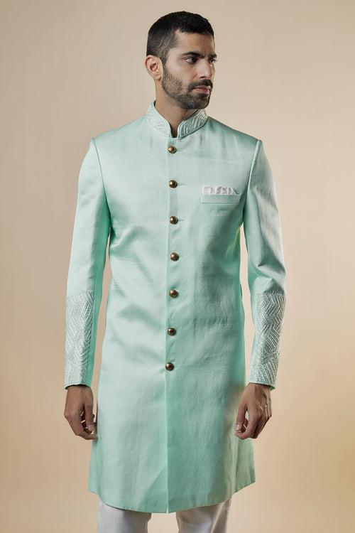 Mint Green Linen Satin Embroidered Sherwani Set