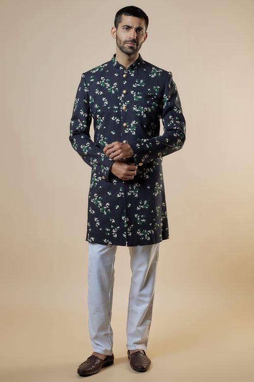 Black Floral Print Sherwani Set