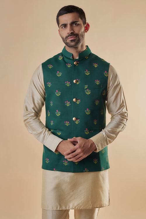 Green Printed Bundi Jacket Kurta Set