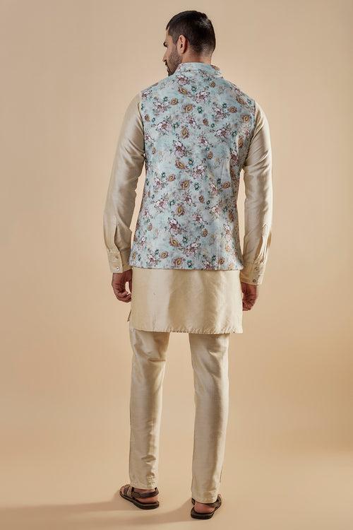 Blue Printed Jacket Kurta Set