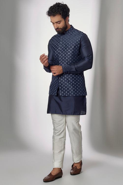 Navy Embroidered Nehru Jacket with Kurta Set