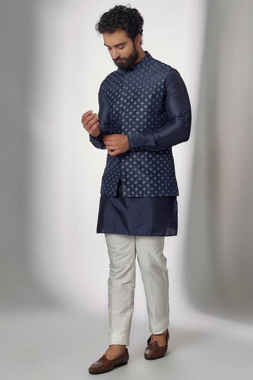 Navy Embroidered Nehru Jacket