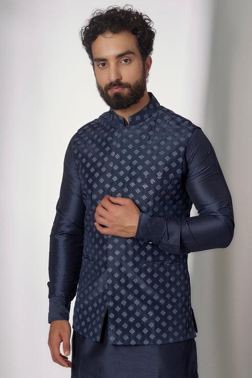 Navy Embroidered Nehru Jacket with Kurta Set