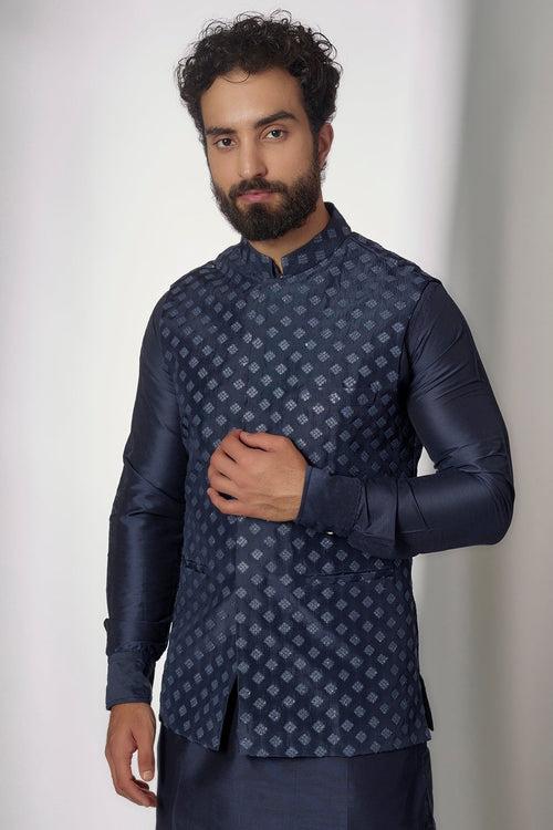 Navy Embroidered Nehru Jacket