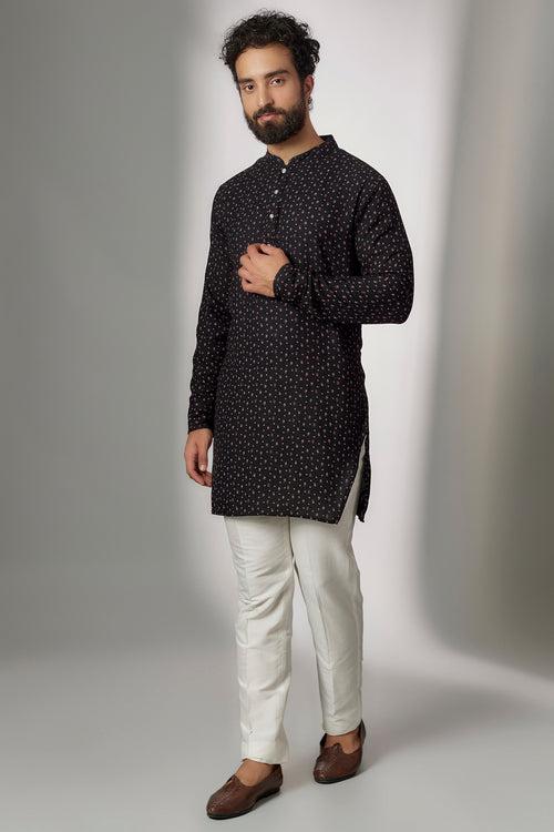 Black Micro Print Kurta Set