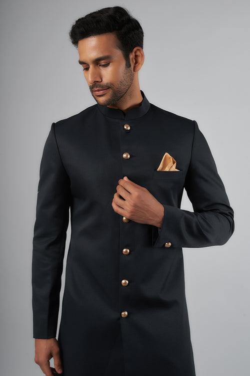 Dark Navy Blue Jacquard Solid Sherwani Set