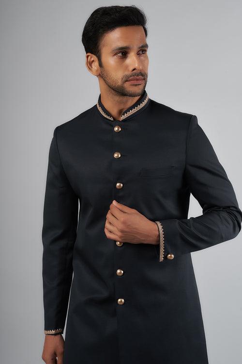 Dark Navy Jacquard Sherwani Set