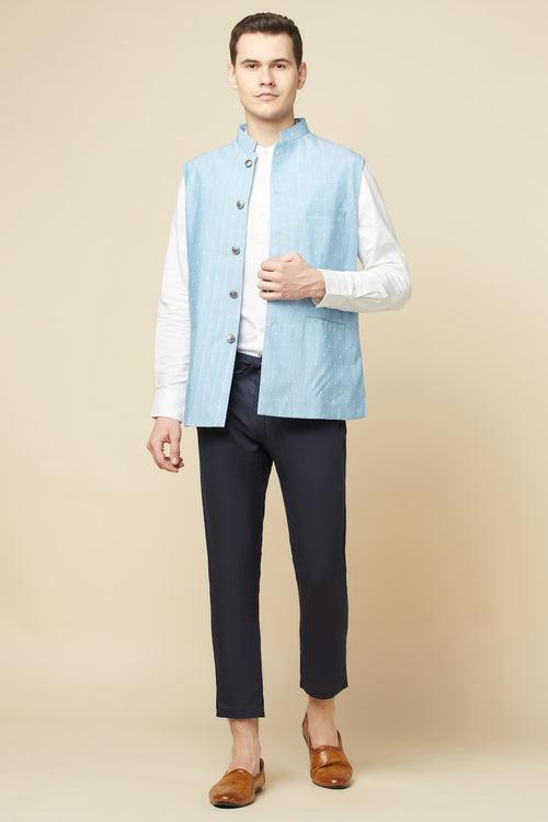 Sky Blue Embroidered Bundi Jacket