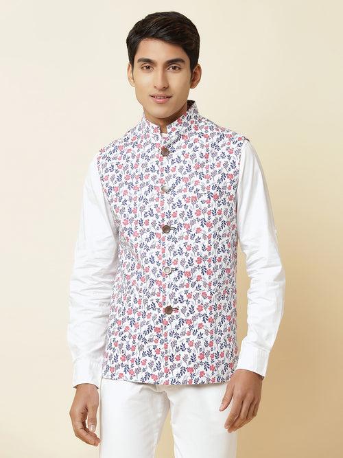 White Floral Print Bundi Jacket