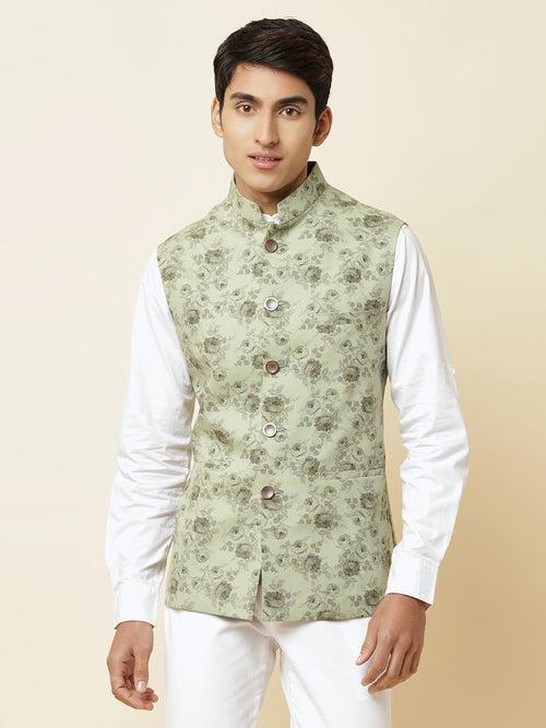 Green Floral Print Bundi Jacket