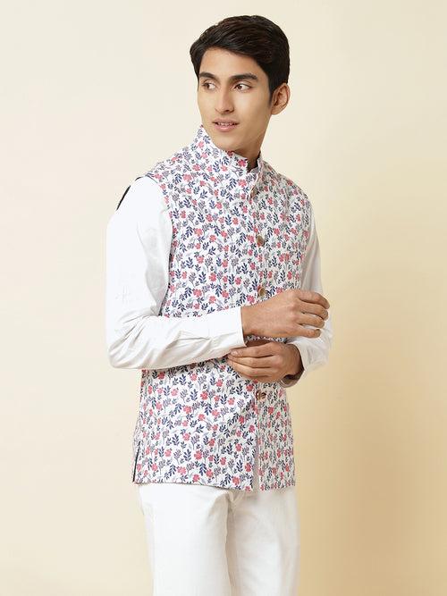 White Floral Print Bundi Jacket