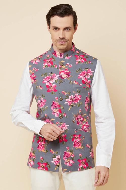 Grey Floral Print Bundi Jacket