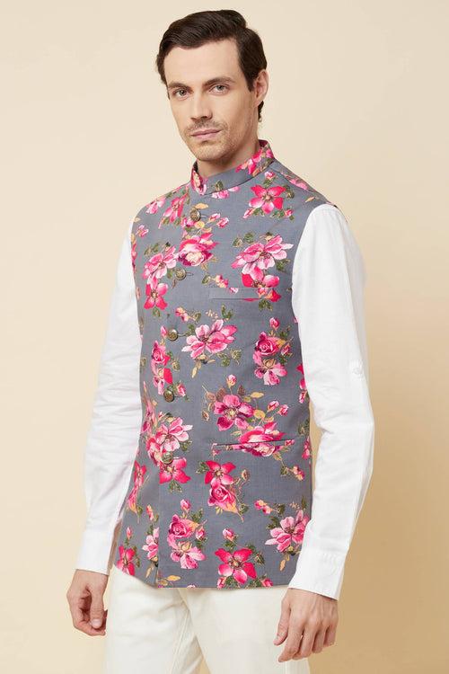 Grey Floral Print Bundi Jacket