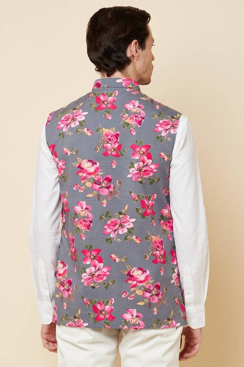 Grey Floral Print Bundi Jacket