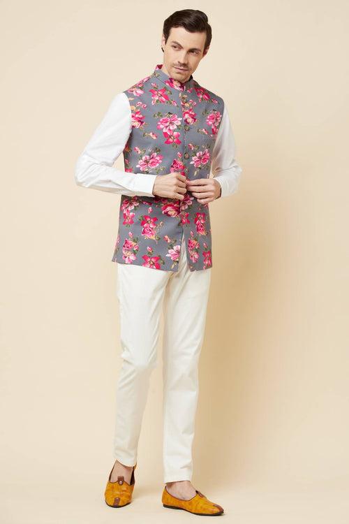 Grey Floral Print Bundi Jacket