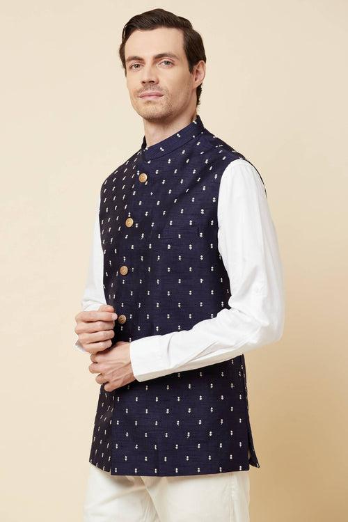 Navy Blue Embroidered Bundi Jacket