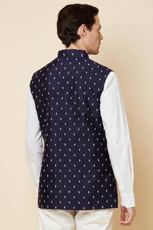 Navy Blue Embroidered Bundi Jacket