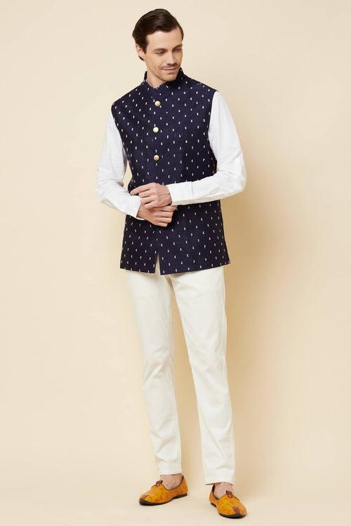 Navy Blue Embroidered Bundi Jacket