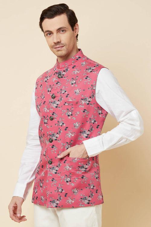 Pink Floral Print Bundi Jacket