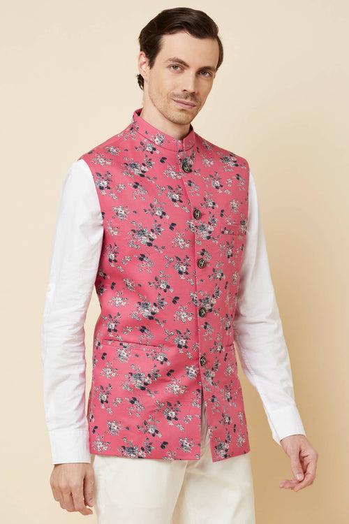 Pink Floral Print Bundi Jacket