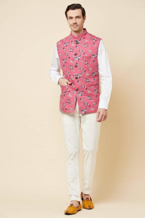 Pink Floral Print Bundi Jacket