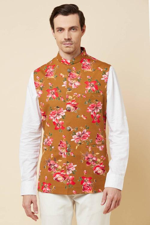 Mustard Floral Print Bundi Jacket