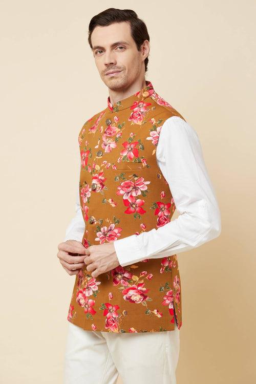 Mustard Floral Print Bundi Jacket