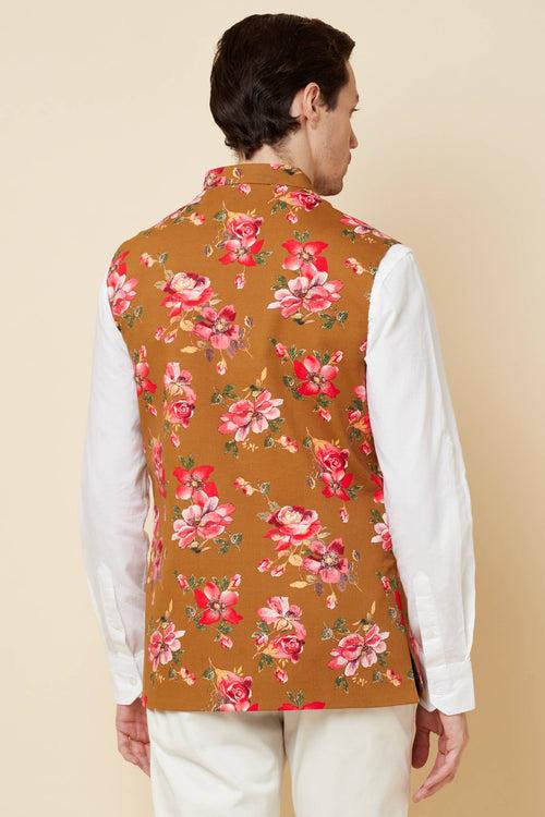 Mustard Floral Print Bundi Jacket