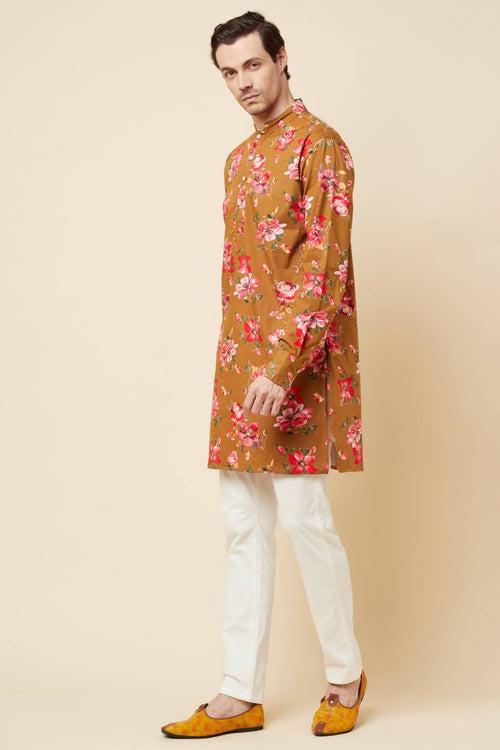 Mustard Floral Print Kurta Set