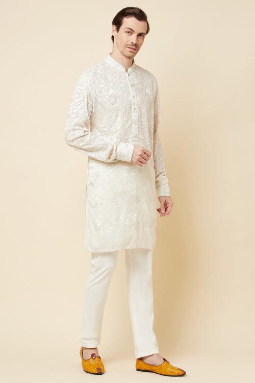 White Lucknowi Embroidered Kurta Set