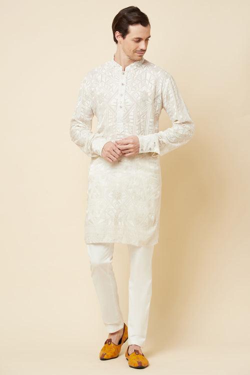 White Lucknowi Embroidered Kurta Set