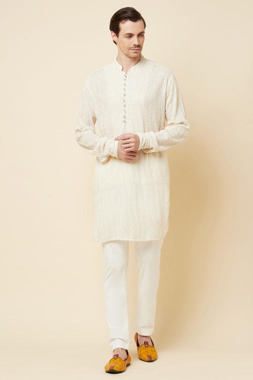 White Stripe Embroidered Kurta Set