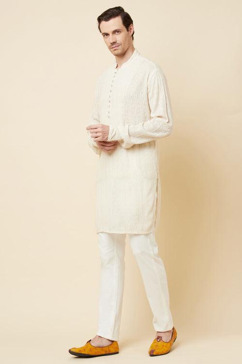 White Stripe Embroidered Kurta Set