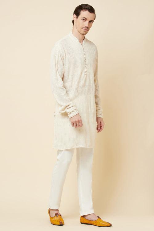 White Stripe Embroidered Kurta Set