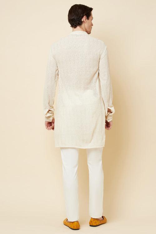 White Stripe Embroidered Kurta Set