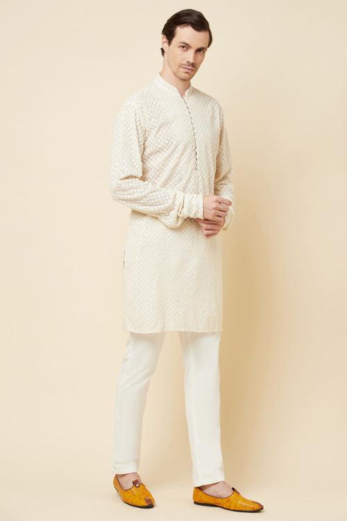 White Lucknowi Embroidered Sequin Kurta Set