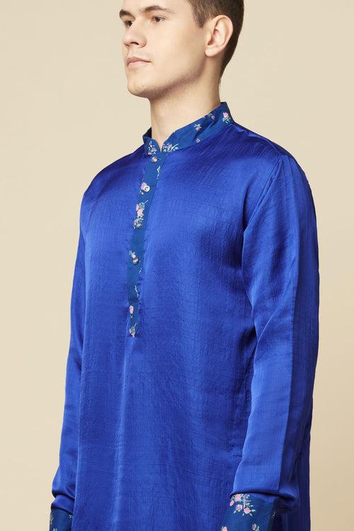 Blue Kurta with Floral Print Detail