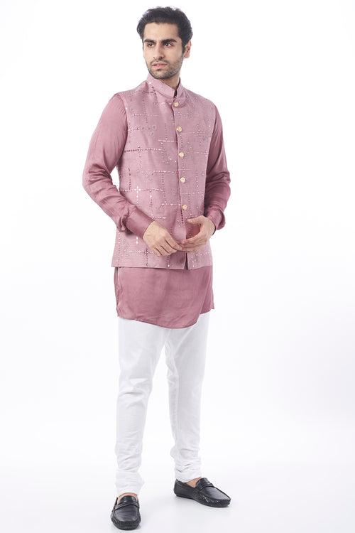 Lilac Mirror Work Bundi Jacket with Kurta Set